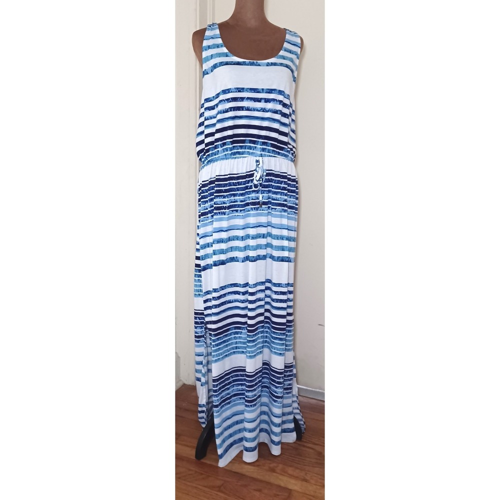 Faded Glory Women XL 16-18 Blue White Striped Maxi Dress Nautical Cruise‎ Preppy